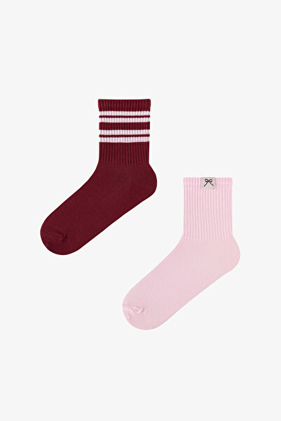 Penti Pink Claret Red Back Collage Striped Cotton 2 Pairs of Socks