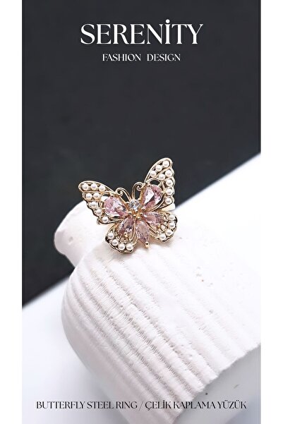 Serenity Pink White Butterfly Steel Plated Ring