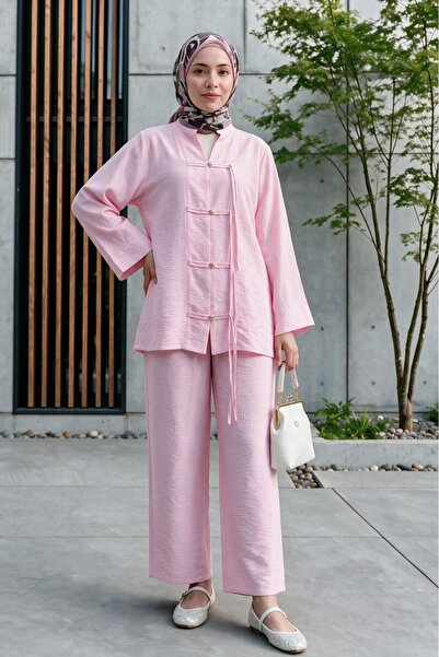 Modamorfo Loose Ayrobin Suit with Stone Buttons on the Front and Wide Sleeves...
