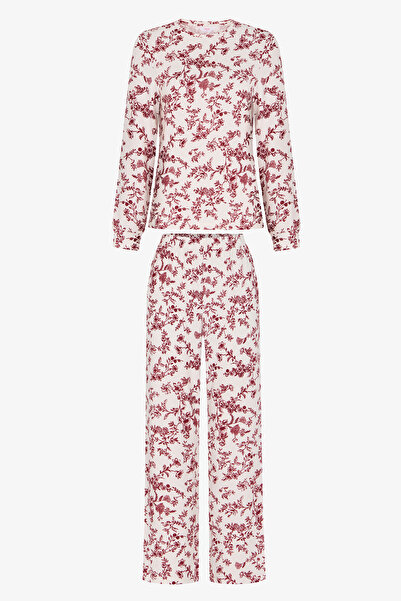 Penti Cremefarbenes, bequemes Pyjama-Set mit Blumenmuster und langen Ärmeln