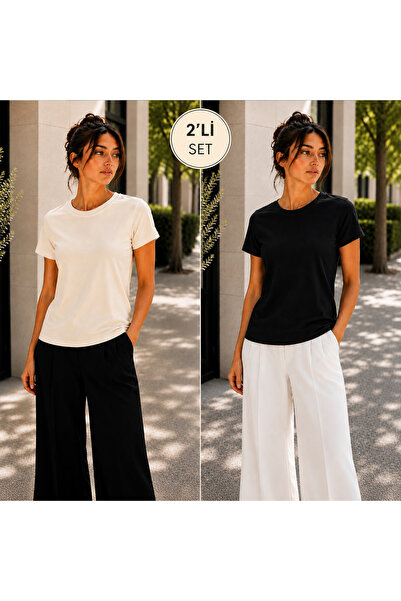 Hayalet 2'li Set Kadın Premium Pamuk Basic T-Shirt Oval Yaka Kısa Kollu Loose...