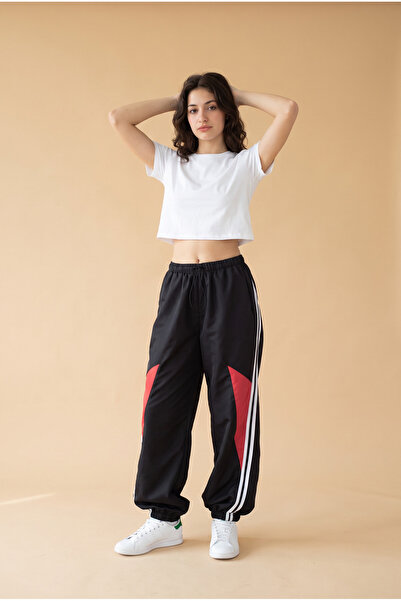 harmony factory Unisex Black Red Color Block Wide Leg Striped Sweatpants with...