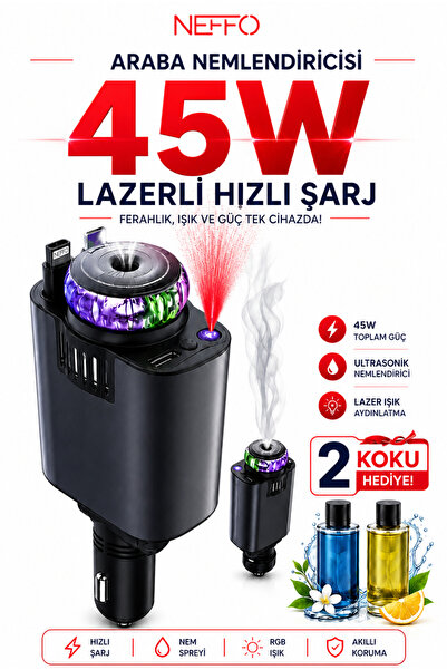 NEFFO 45W Işıklı ve Kokulu Araç Şarj Cihazı | Hızlı Şarj | USB-C & iOS Uyumlu...