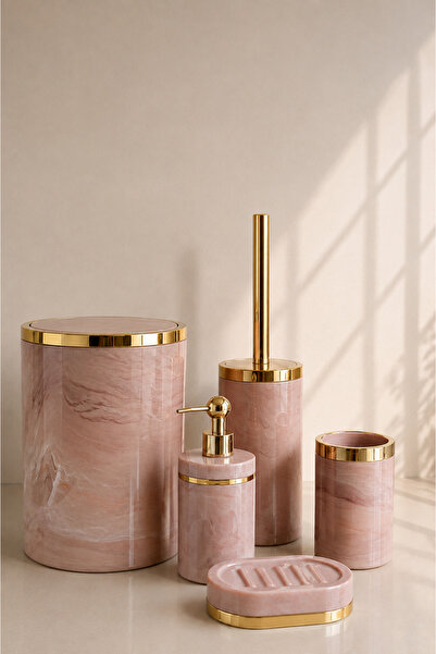 TrendBanyoMutfak Marble Pattern Bathroom Set / Toilet Brush Holder, Liquid an...