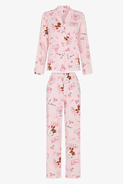 Penti Lila Happiness Ayı Desenli Uzun Kollu Gömlek Pantolon Pijama Takımı