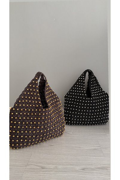 WOMANBAG Handmade Wicker Front and Back Complete Beaded Large Size Shoulder Bag Beach Bag Brown (45X47Cm)