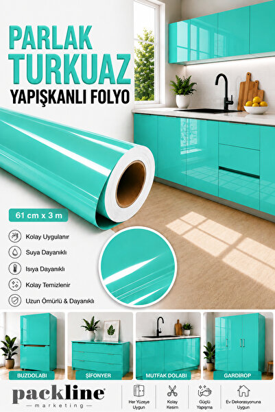 Packline Marketing Glossy Turquoise Kitchen Cabinet and Furniture Covering Fi...