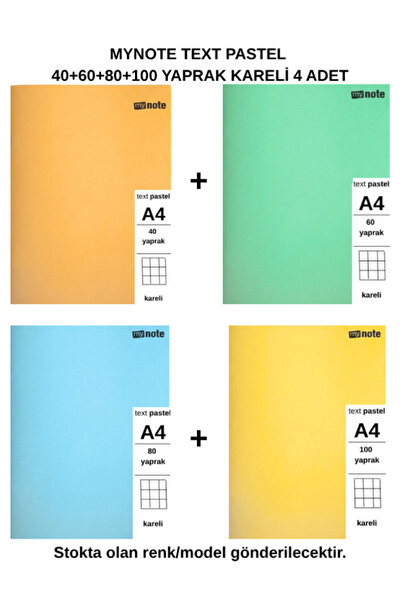 Mynote Text Pastel Notebook A4 40+60+80+100 Sheets Checkered 4 Pieces