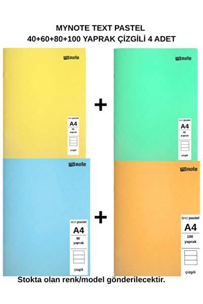 Mynote Caiet de text pastel A4, 40+60+80+100 coli, liniat, 4 bucăți