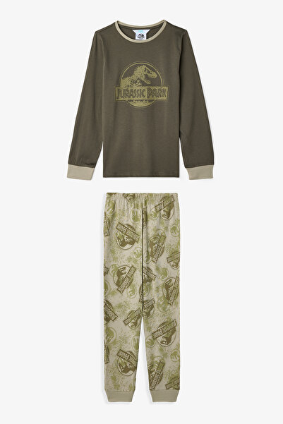 Penti Khakifarbenes Jurassic Park Langarm-Baumwoll-Pyjama-Set für Jungen