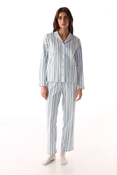 Penti Açık Gri Cool Stripes Pamuklu Gömlek Pantolon Pijama Takımı