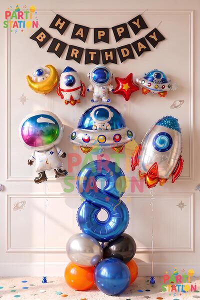 Parti Station Space Space Concept 8 Year Old Balloon Set Astronaut Rocket Bir...