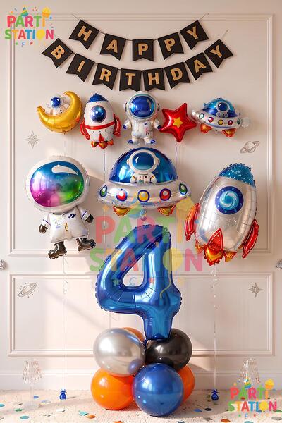 Parti Station Space Concept 4 Year Old Balloon Set Astronaut Rocket Birthday ...