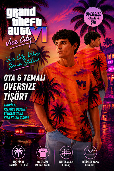 Beyome GTA 6 Temalı Oversize Tişört Tropikal Palmiye Desenli Bisiklet Yaka Kı...