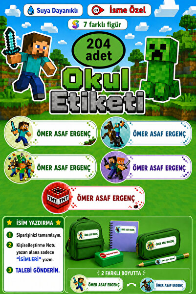 GSticker İsme Özel Okul Etiketi Kalem Defter Etiketi minecr Kız Erkek Çocuk