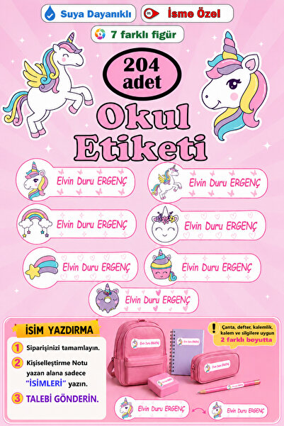 GSticker İsme Özel Okul Etiketi Kalem Defter Etiketi Kız Çocuk Unicorn Figürl...
