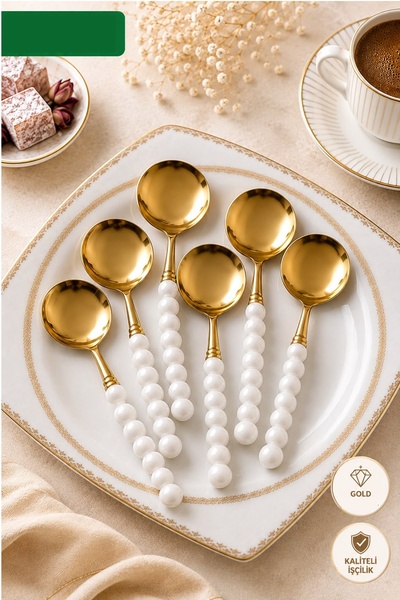 Kitchen Beauty 6 Adet Beyaz Plastik İnci Taş Detaylı Gold Yemek Kaşığı Takımı...