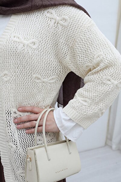 Modamorfo Bow Patterned Openwork Knitwear Cardigan -White
