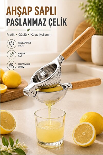Kitchen Beauty Ahşap Saplı Paslanmaz Çelik Limon Sıkacağı - Manuel Narenciye ve Portakal Sıkacağı Lüks Limon Presi