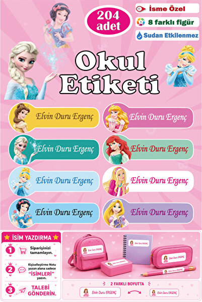 GSticker İsme Özel Okul Etiketi Kalem Defter Etiketi Sticker Çocuk Prenses Fi...