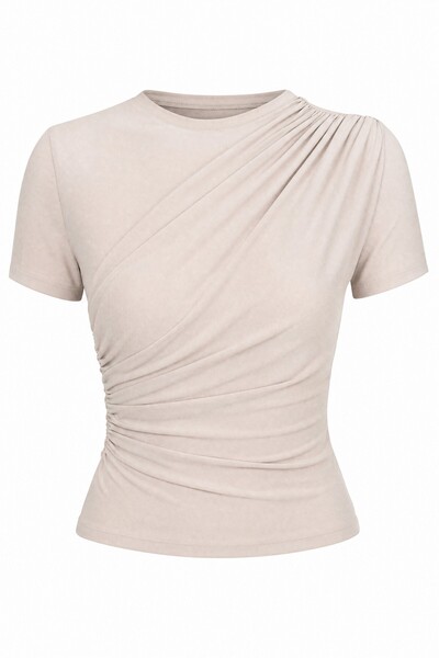 Modamorfo Cross Gathered Short Sleeve Sandy Blouse -Beige