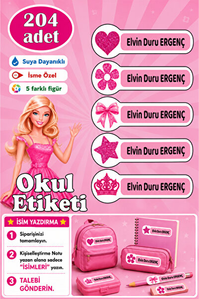 GSticker İsme Özel Okul Etiketi Kalem Defter Etiketi Sticker Kız Çocuk Figürl...