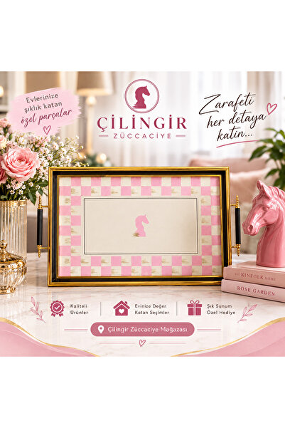 Concept ÇİLİNGİR ZÜCCACİYE Damalı Horse Pembe Gold Desenli Cam Ahşap Şık Sunu...