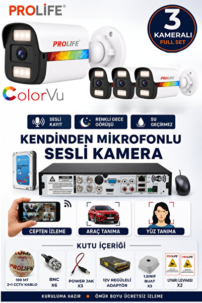 PROLİFE 3 Lü Sesli Güvenlik Kamerası 5 Mp Gece Renkli Yüz Ve Araç Tanımalı Fu...