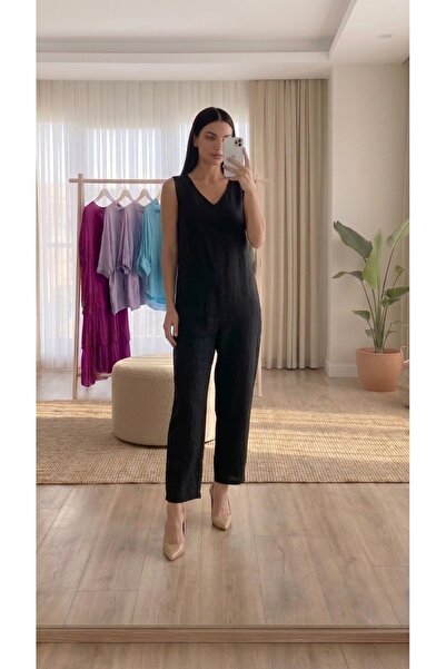Juste Boutique Siyah V Yaka Kolsuz Keten Tulum
