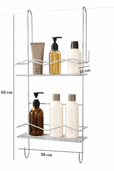 Edora Home Parlak Silver Duşakabin Askılı 2 Katlı Banyo Rafı Şampuanlık Düzenleyici Metal Askılık