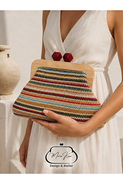 mk bags Çok Renkli Hasır Örgü Yazlık Ahşap Kapaklı Zincirli Omuz Clutch Çantası