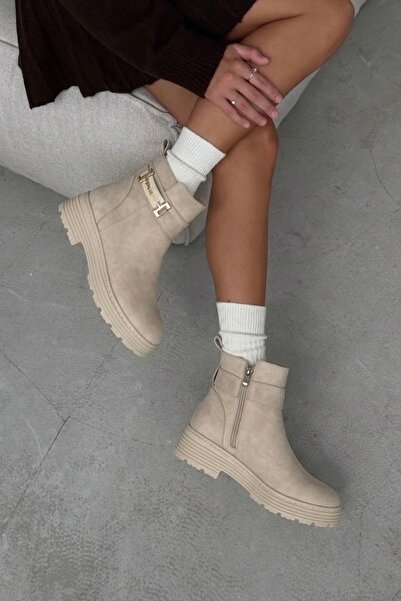 DefHeel'e Γυναικείες μπότες Nubuck με χρυσή πόρπη και φερμουάρ, Μπεζ R15D102