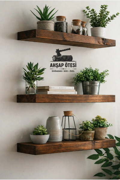 AHŞAP ÖTESİ Dekoratif 3'lü Duvar Rafı Seti - 50x14 & 70x14 – Doğal Ahşap Deko...