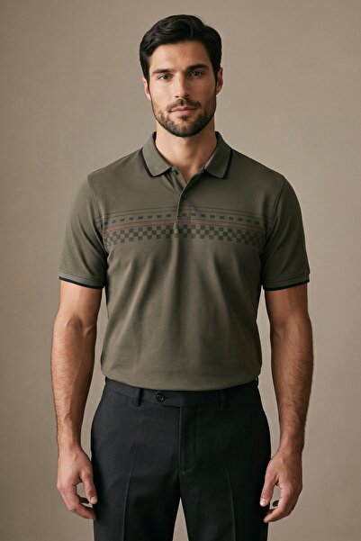 Maccali Men's Short Sleeve Patterned Khaki Polo Neck T-Shirt