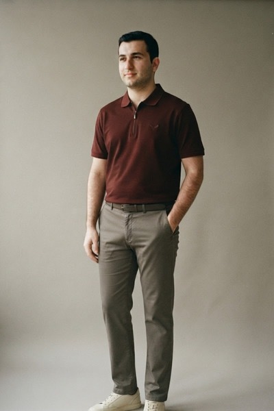 Maccali Men's Textured Premium Fabric Loose Fit Burgundy Polo Neck T-Shirt