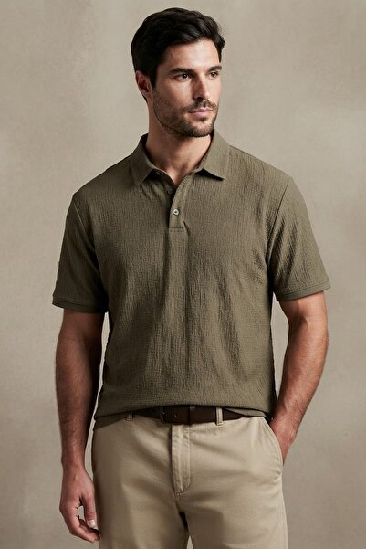 Maccali Men's Casual Textured Short Sleeve Khaki Polo Collar T-Shirt
