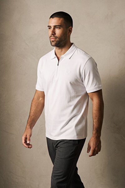 Maccali Men's Trend Loose White Polo Half Zipper T-Shirt