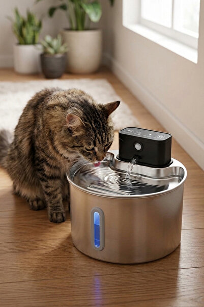 Aryuper 2.2 L Şarjlı Kablosuz Sensörlü Paslanmaz Çelik Kedi Köpek Için Su Pınarı Su Çeşmesi Su Sebili 2000 Mah Pwl-207