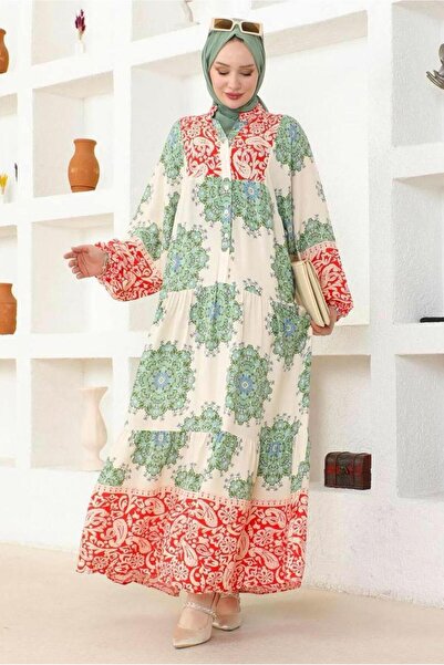 TRENDTESETTÜR KADIN BEJ (BEJ-KIRMIZI) ETNİK DESENLİ ELBİSE T 9752