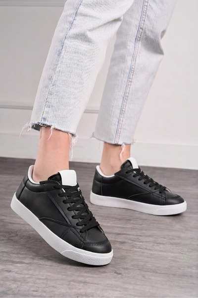 Nstil Daily Black Women's Sneaker Lace-Up Serrated Sole Suede Detailed Walkin...