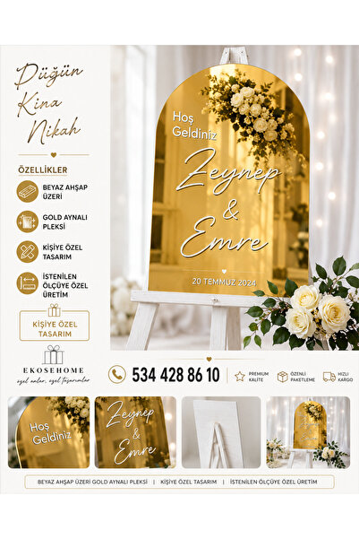 EKOSEHOME Düğün & Nişan Gold Lüks Aynalı Karşılama Panosu 60x40 cm