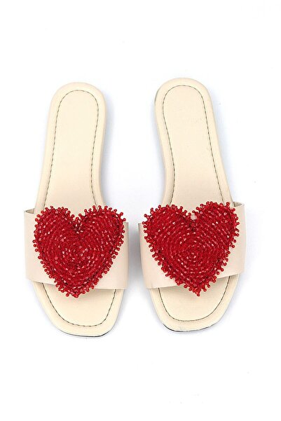 Gökhan Talay Ruby Heart Beige Leather Handmade Beadwork Red Heart Detailed Wo...