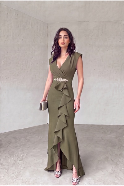 ALFUDO Moda Collection Kadın Scuba Krep Kumaş Kruvaze Yaka Eteği Volanlı Abiy...