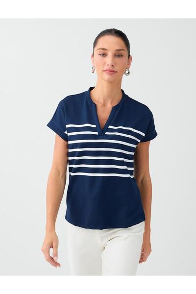 Jimmy Key Navy Blue Striped Patterned Sleeveless V-Neck Knitted Sweatshirt