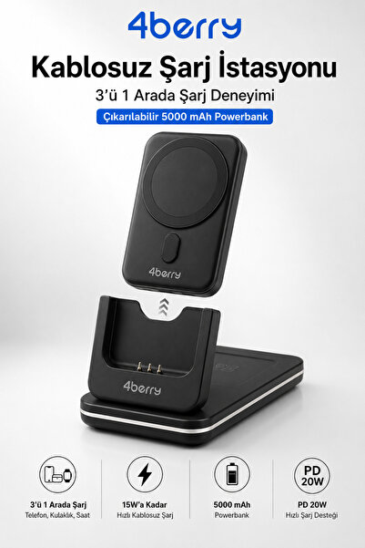 4 Berry Bwlm01b Sihay Powerbank & Stand – 5-in-1, 5000 Mah, 20 W Hızlı Şarj