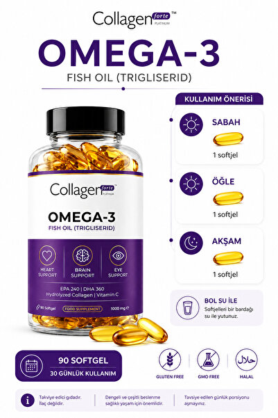 Collagen Forte Platinum Omega-3 Balık Yağı 90 X 1000mg Softgel, Hidrolize Kolajen & C Vitamini