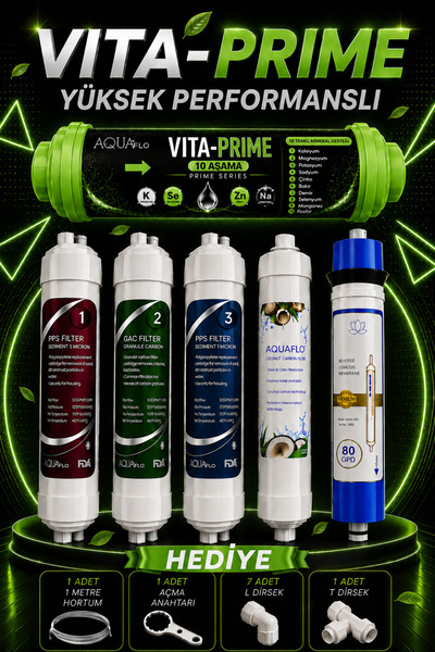 AQUAFLO Su Arıtma Filtresi – 15 Aşamalı Vita Prime Multimineralli 80 Gpd Kapa...