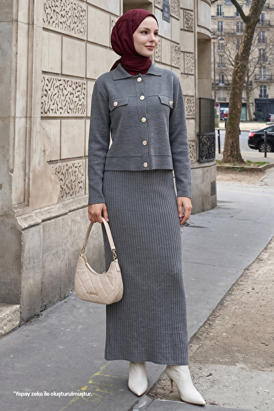 InStyle Set de tricotaje gri cu rochie și jachetă