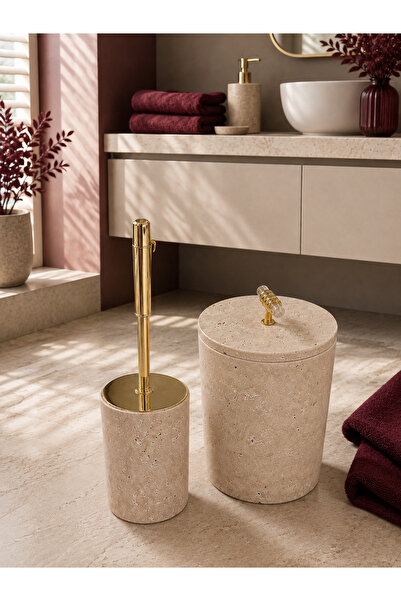 Genel Markalar Doğal Traverten 2 Parça Banyo Seti Gold Detaylı Çöp Kovası ve ...