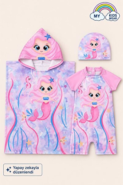 My Kids Wear Kız Çocuk Deniz Kombini 3’lü Set – Mayo, Havlu ve Bone 12580